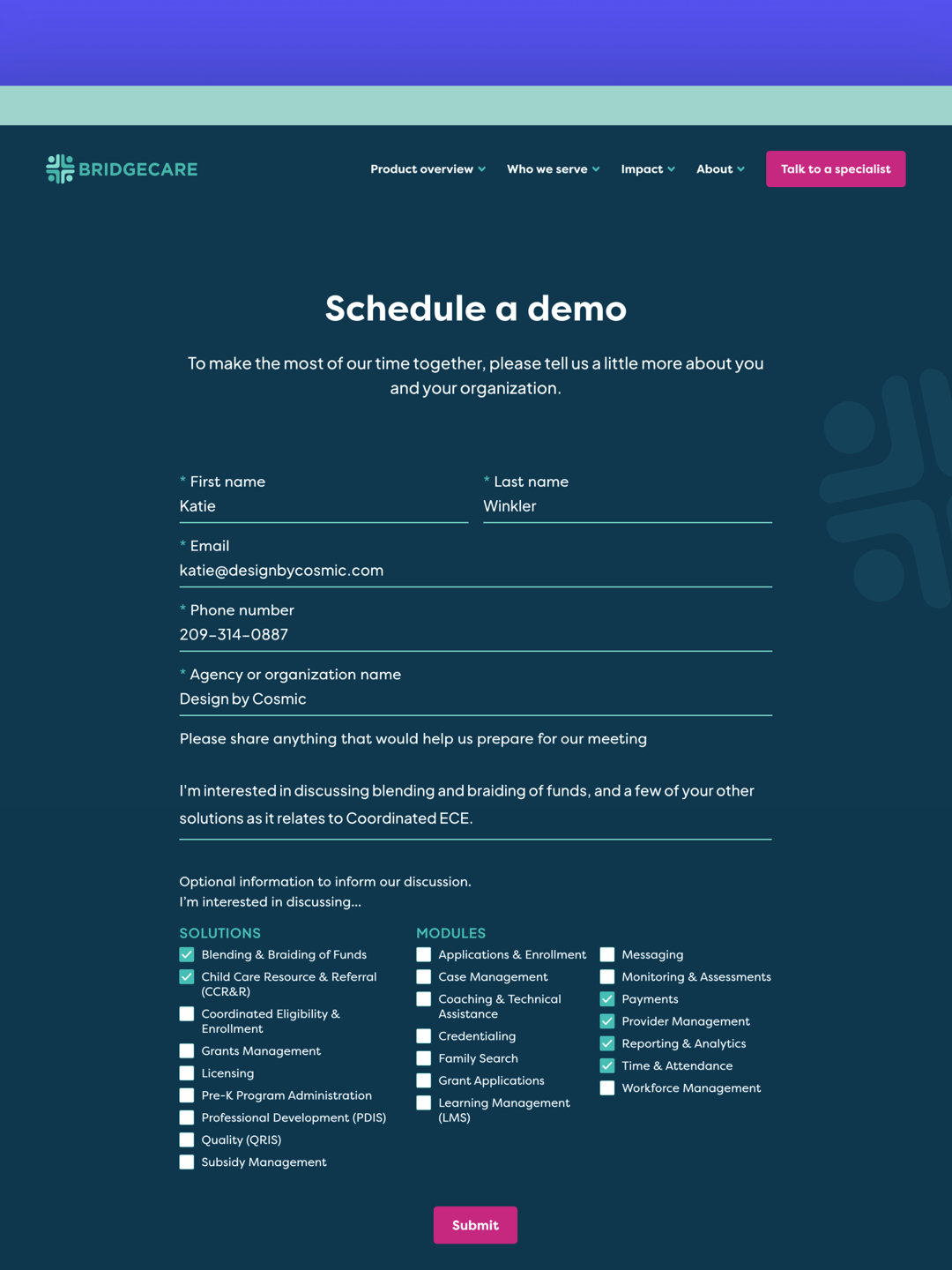 Bridgecare Case Study Demo Form